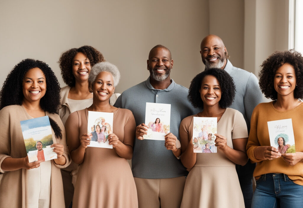 A family gathered around a table, laughing and holding greeting cards.